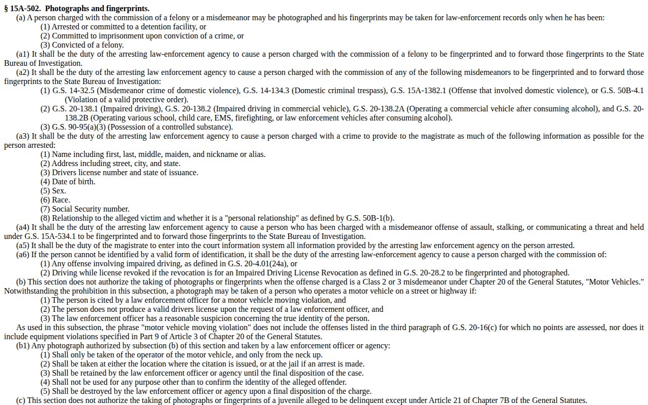 North Carolina statute governing photographs and fingerprints in criminal procedures